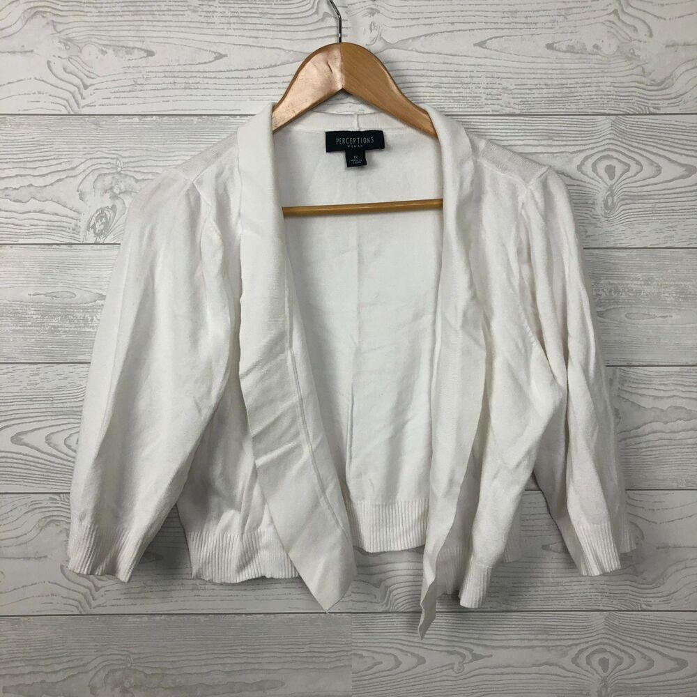 Perceptions Women's 1X Open Front Shrug Cardigan Sweater 3/4 Sleeve White